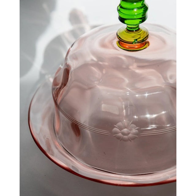Vintage Glass Cloche Dish with Plate in Pink and Green Glass with Engraved Floral Decor, Italy, 1930s For Sale - Image 10 of 11