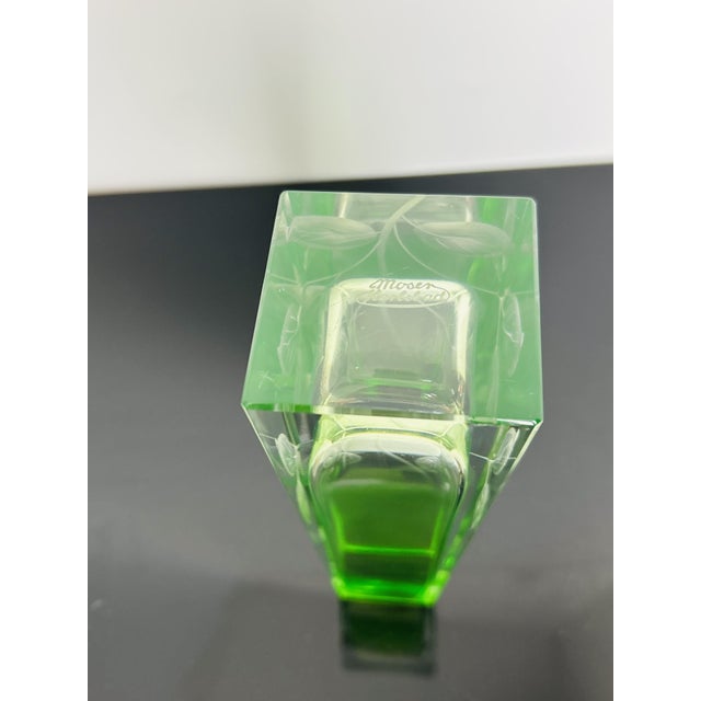 20th Century Green Uranium Art Glass Vase with Hand-Engraved Floral Décor from Moser Karlsbad, Czechoslovakia For Sale - Image 10 of 11