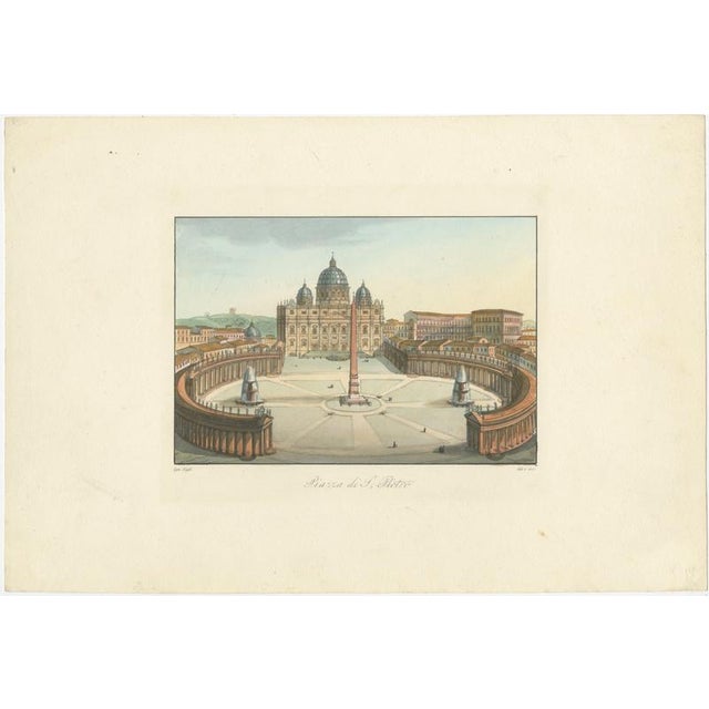This elegant 19th-century hand-coloured engraving presents a sweeping panoramic view of St. Peter’s Square in the Vatican,...