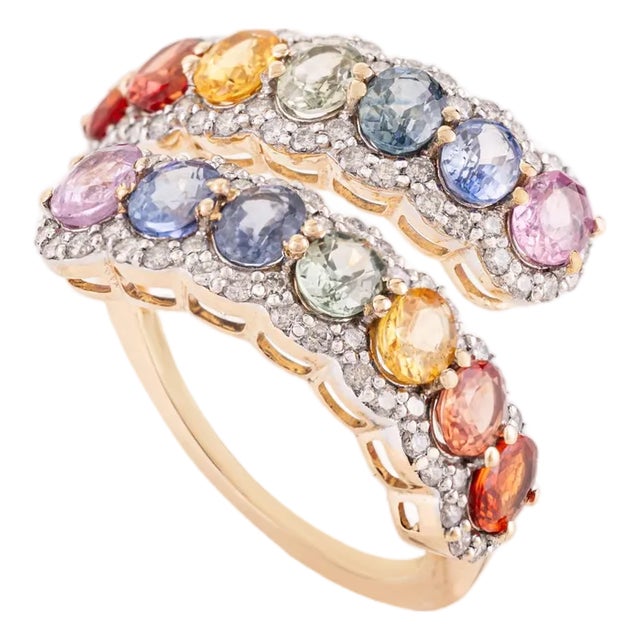 3.32 Carat Multi Sapphire & Diamond Cluster Cocktail Ring Size 8 in 14k Gold For Sale