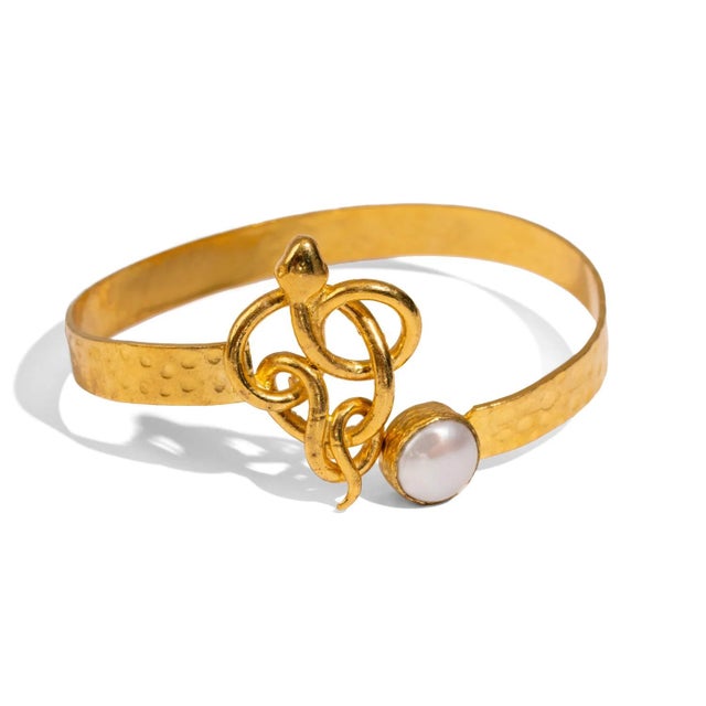 Gold Guardian Serpent & Pearl Cuff Bracelet For Sale - Image 8 of 8
