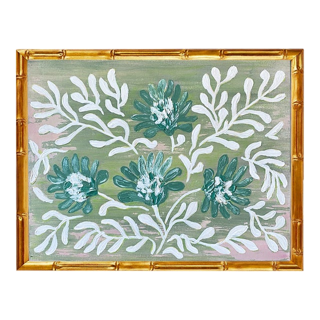 Original Framed Peony Garden Painting Green Floral Wall Art Acrylic Oil on Canvas in Gold Bamboo Frame, 16x20 Botanical Boho Home Decor For Sale
