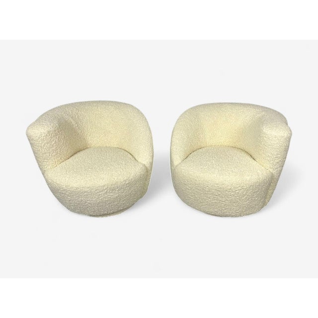 Vladimir Kagan Style, White Boucle, Nautilus Swivel Chairs, Usa, 1970s For Sale - Image 10 of 11