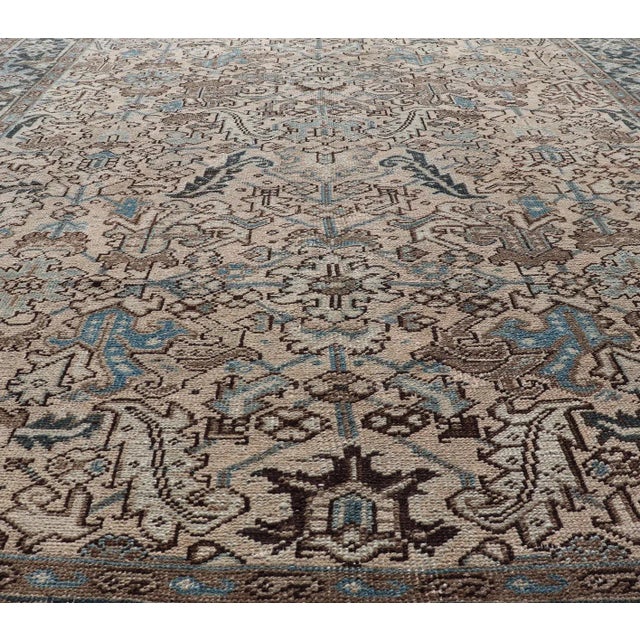 Traditional Early 20th Century Square Size Persian Heriz Rug With All-Over Sub Floral Design in Brown & Blue For Sale - Image 3 of 13