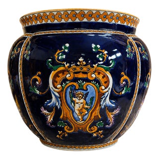 Renaissance Style Glazed Earthenware Cachepot with Heraldic Decoration from Gien For Sale