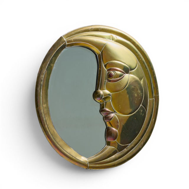 Sergio Bustamante Mid Century Brass Moon Mirror This mirror measures: 31 wide x 2.5 deep x 32 inches high Fair Vintage...