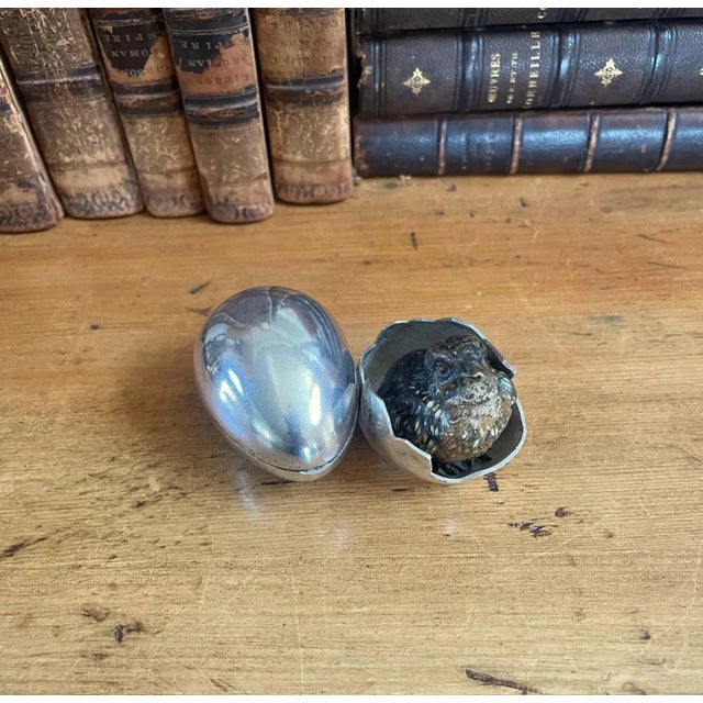 Antique Cold Painted Bronze Inkwell, Figural Young Bird, Egg Shell Desk Accessory For Sale - Image 9 of 10