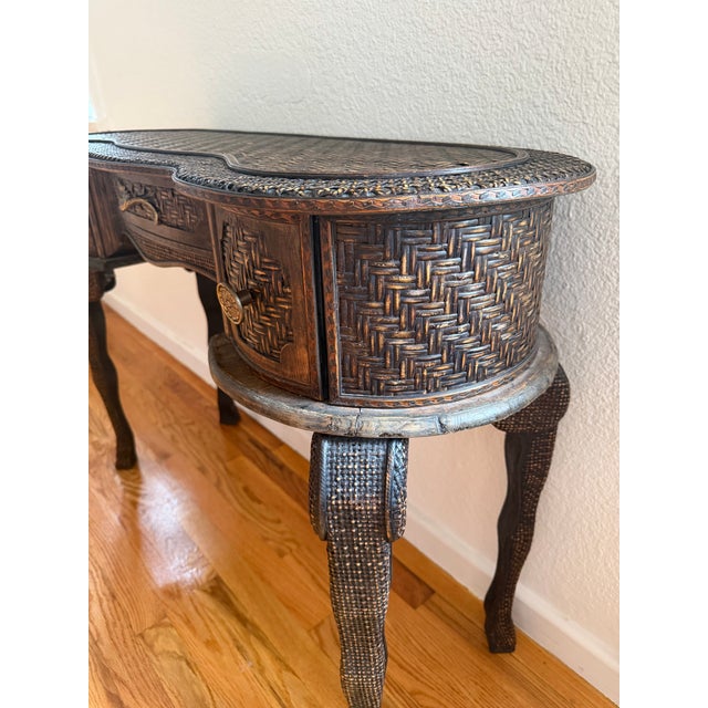 1970s Vintage Ornately Carved Wood Console Table With Basket-Weave Detailing For Sale - Image 5 of 10