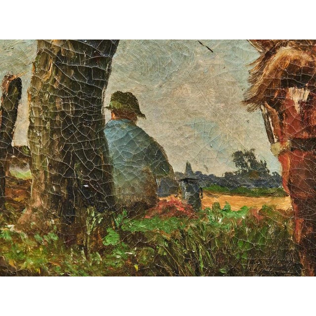 This impressive oil painting on canvas depicts a peaceful rural scene with a resting farmer and three strong draft horses...