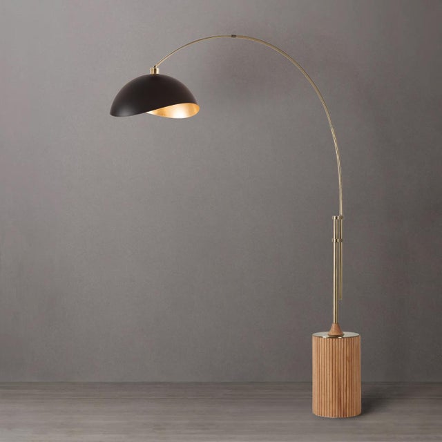 Mid-Century Modern 1980s Luna Bella Mid Century Brass Floor Lamps - 92" Tambo Modern Arc Lamp, Brass Body, Wood Base, Black/Gold Shade For Sale - Image 3 of 4