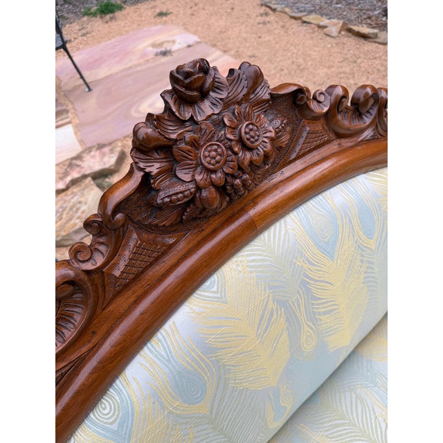 Rococo Revival/Victorian Carved Wood Sofa in Peacock Feather Upholstery For Sale - Image 10 of 11