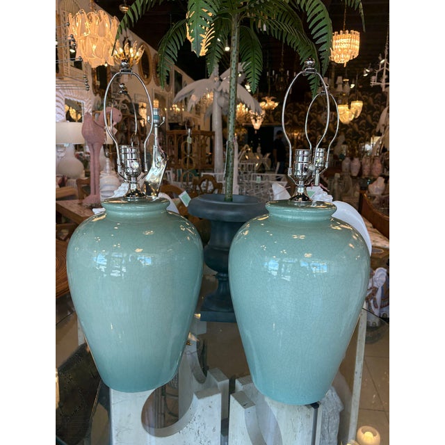Vintage Pair Green Crackle Porcelain Ceramic Table Lamps Brass Newly Wired For Sale - Image 4 of 10