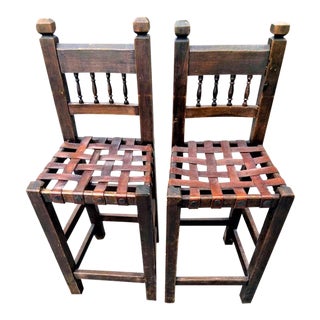 Mexican Hacienda Style Bar Stools With Woven Leather Seats and Decorative Clavos - a Pair For Sale