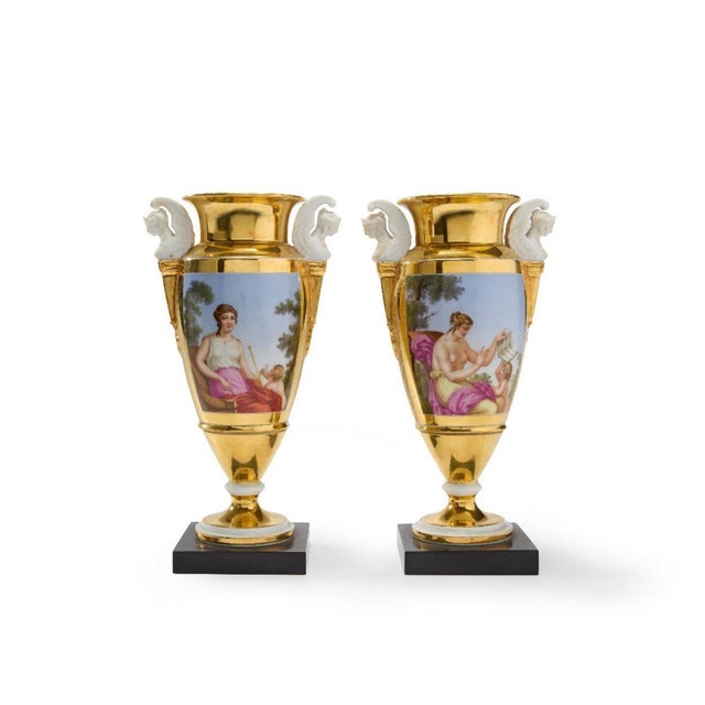 French Antique French Empire Early 19th Century Paris Porcelain Vases or Urns - A Pair For Sale - Image 3 of 3