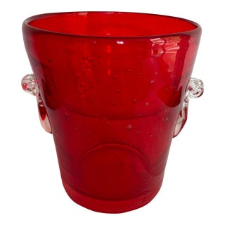 Late 20th Century Red Bubble Glass Ice Bucket With Handles For Sale