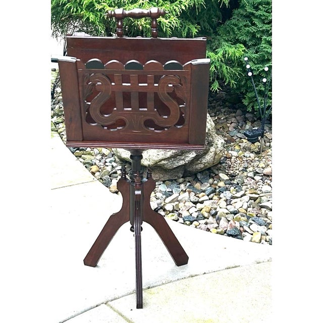 Antique Mahogany, Double-Sided, Rotating Magazine/Book/Sheet Music Carrier, With Intricately Carved Fretwork Panels, Turned Handle and a Tripod Column For Sale - Image 4 of 12