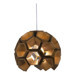 Mid-Century Modern Constella by Oggetti Lauan Wood Tri-Arm Suspension Light With Dark Bronze Hardware For Sale
