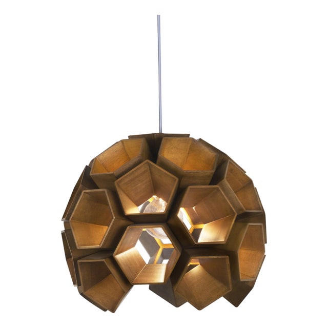 Mid-Century Modern Constella by Oggetti Lauan Wood Tri-Arm Suspension Light With Dark Bronze Hardware For Sale