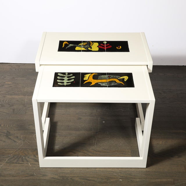 Pair of Documented Off White & Inset Tile Vladimir Kagan Nested Side Tables For Sale In New York - Image 6 of 18