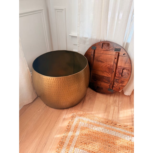Vintage Brass Clad Drum Storage Coffee Table With Heavy Wood Top For Sale - Image 4 of 5