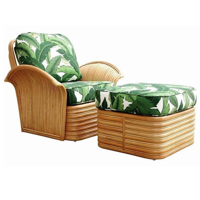1980s Restored Rattan Fan Arm Lounge Chair With Ottoman Set For Sale - Image 9 of 9