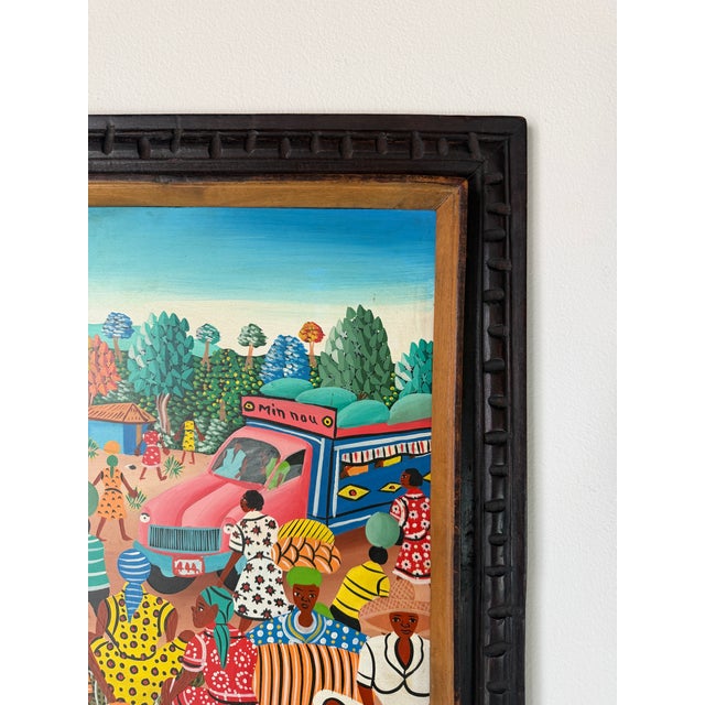 M. Bazile Haitian Folk Art Market Scene Oil on Masonite Board – Framed For Sale In Miami - Image 6 of 12