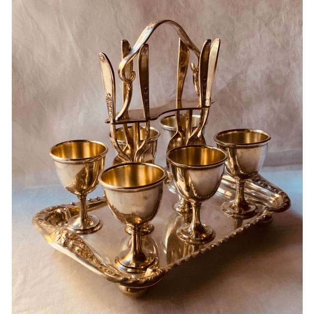 Silver Antique Edwardian American Silverplate Egg Cup Set, Six Cups and Six Spoons on Footed Tray - 13 pcs For Sale - Image 8 of 18