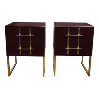Pair of Mirrored Dark Red Glass Bedside Tables With Brass Ornaments, 1950s Style For Sale