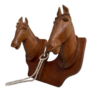 Vintage Hand-Carved Wooden Double Horse Head Wall Rack For Sale