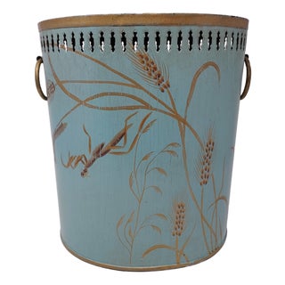 Hand Painted Oval Metal Wastebasket Filigree Rim Vintage Patina Pale Aqua Gold Accents For Sale