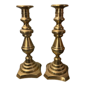 Pair of 10" Antique English Brass Push Up Candlesticks