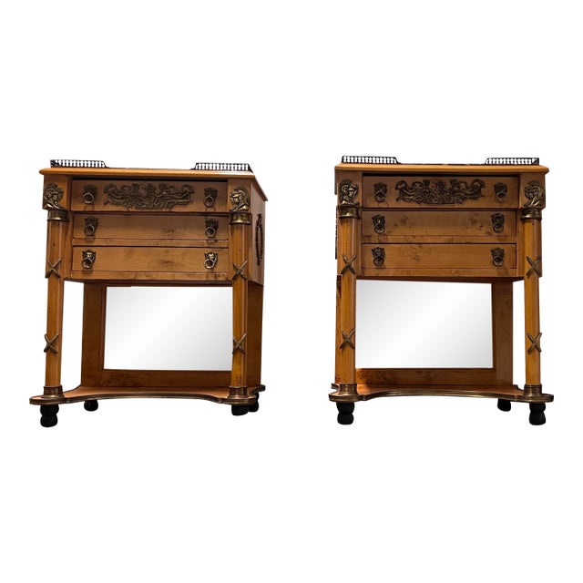 Early 20th Century Pair of Empire Revival Burl Wood Sideboards With Brass Gallery and Ormolu Mounts With Verdi Marble Tops. For Sale