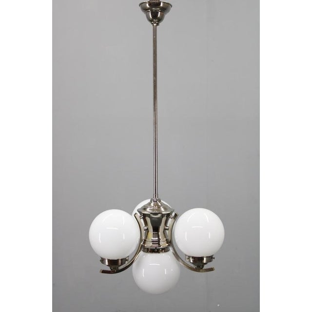 Art Deco Chrome Chandelier with White Globe Shades, 1930s For Sale - Image 4 of 13