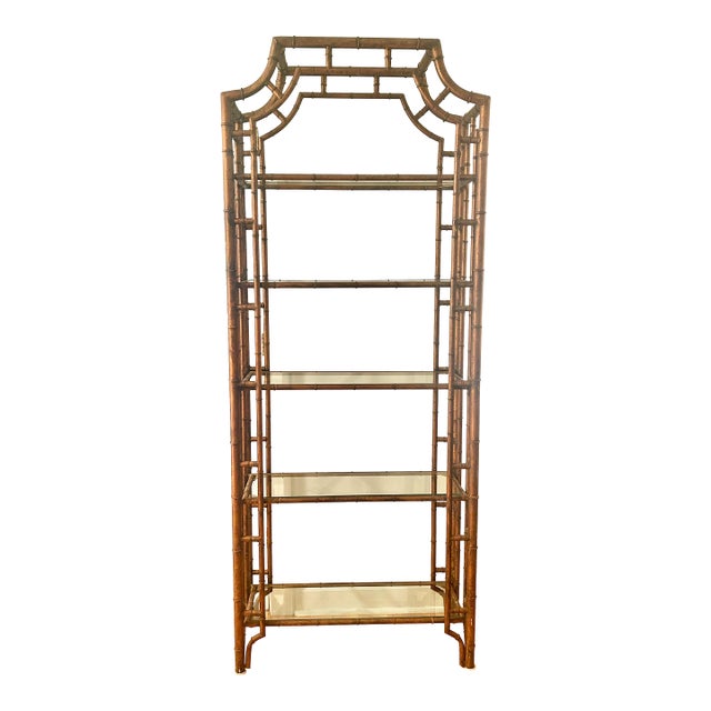 Vintage Hollywood Regency Chinoiserie Metal Faux Bamboo Pagoda Etagere For Sale