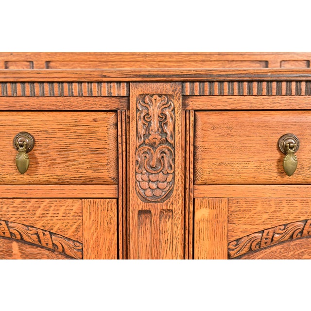 Berkey & Gay Style Antique English Jacobean Carved Oak Sideboard Buffet or Bar Cabinet, Circa 1920s For Sale - Image 11 of 16