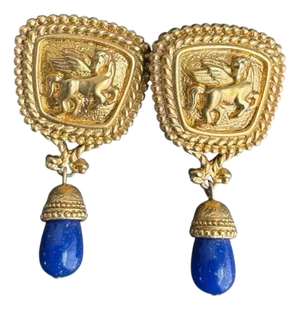 Vintage 1980s Roman Pegasus Faux Lapis Earrings Gold Tone Statement Neoclassical Elizabeth Taylor