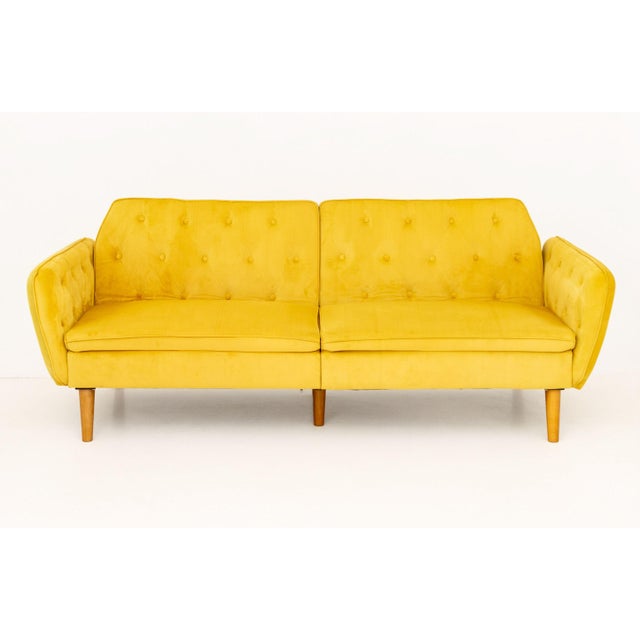 Contemporary Mustard Yellow Velvet Upholstered Two-Seat Convertible Sofa, with adjustable backs on four tapered wood legs....