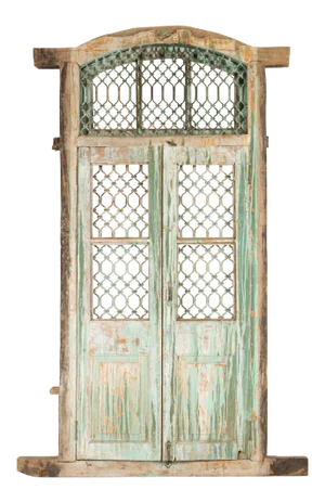 19th Century Antique Indian Grate Window with Green Paint and Distressed Patina