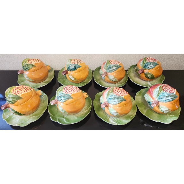 Vietri Christmas Holiday Pomegranate Bowls With Leaf Plates Trompe l'Oeil Majolica Serving Set for 8 Late 20th Century - Rare Set For Sale - Image 11 of 17