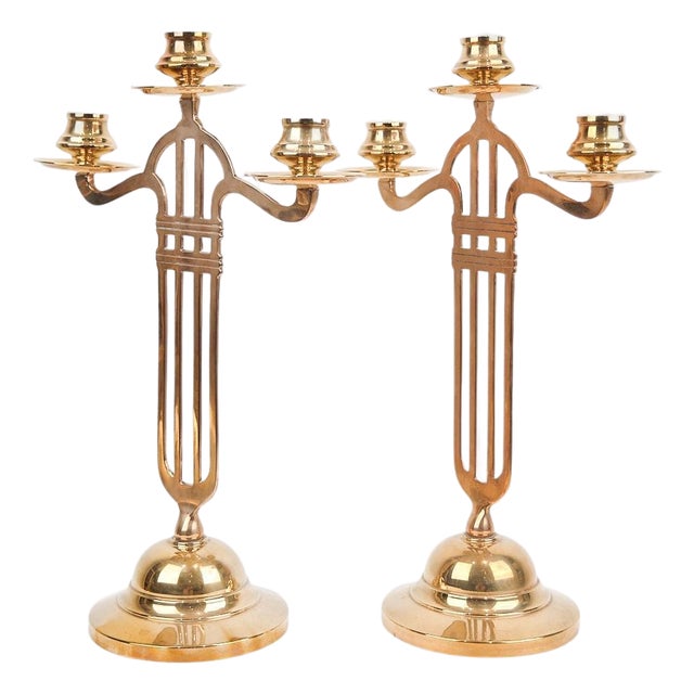 Vintage Three-Armed Candlesticks in Brass, 1920s, Set of 2 For Sale