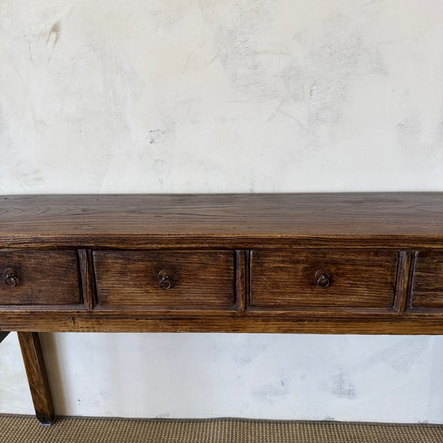 Vintage Reclaimed Elm Wood 4 Drawer Console C. 1920 For Sale - Image 12 of 12