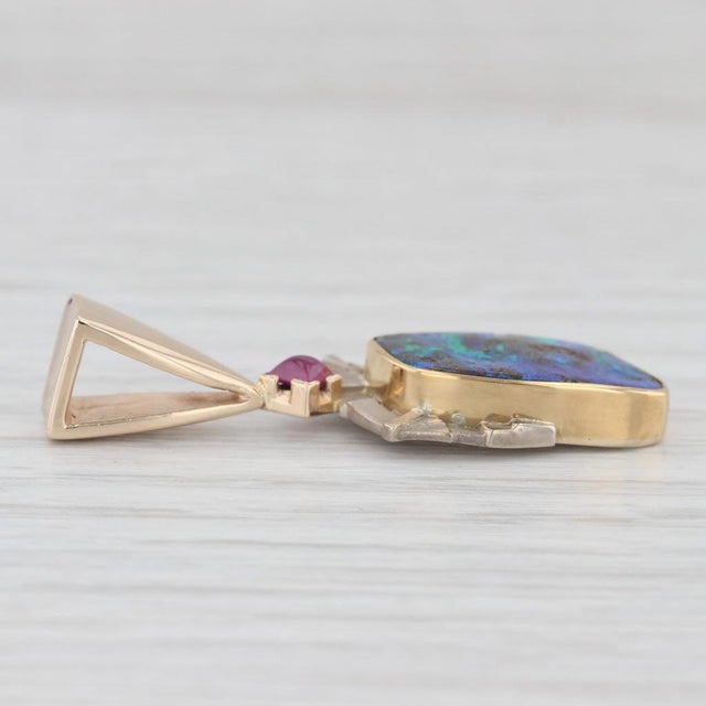 Colorful Boulder Opal Ruby Pendant 14k Yellow White Gold For Sale - Image 4 of 5