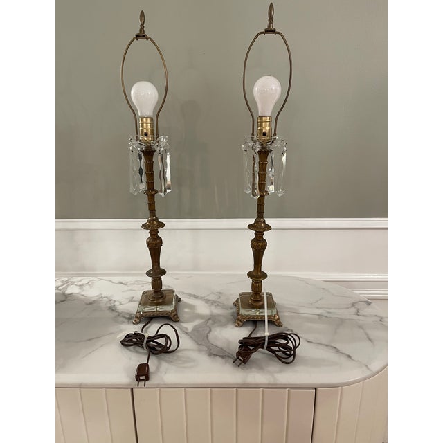 Brass Vintage Brass & Crystal Footed Lamps - a Pair For Sale - Image 8 of 9