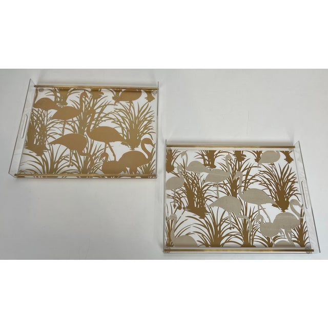 Pair of Lucite and brass trays decorated with gilded birds For Sale - Image 12 of 12