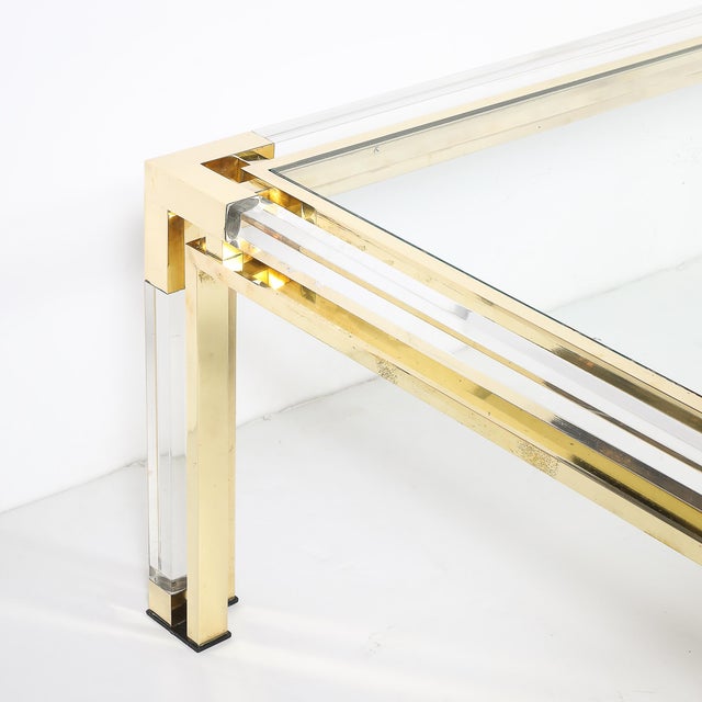 Brass Mid-Century Rectilinear Brass & Lucite Glass Top Cocktail Table by Maison Jansen For Sale - Image 8 of 13