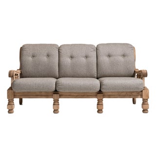1970s French Tan Brutalist Oak Upholstered Sofa For Sale