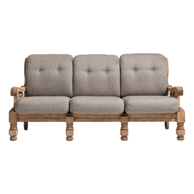 1970s French Tan Brutalist Oak Upholstered Sofa For Sale