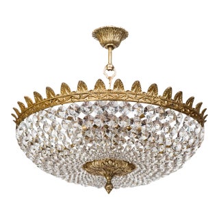 Vintage 1950s Spanish Brass & Crystal Semi Flush Mount Chandelier For Sale