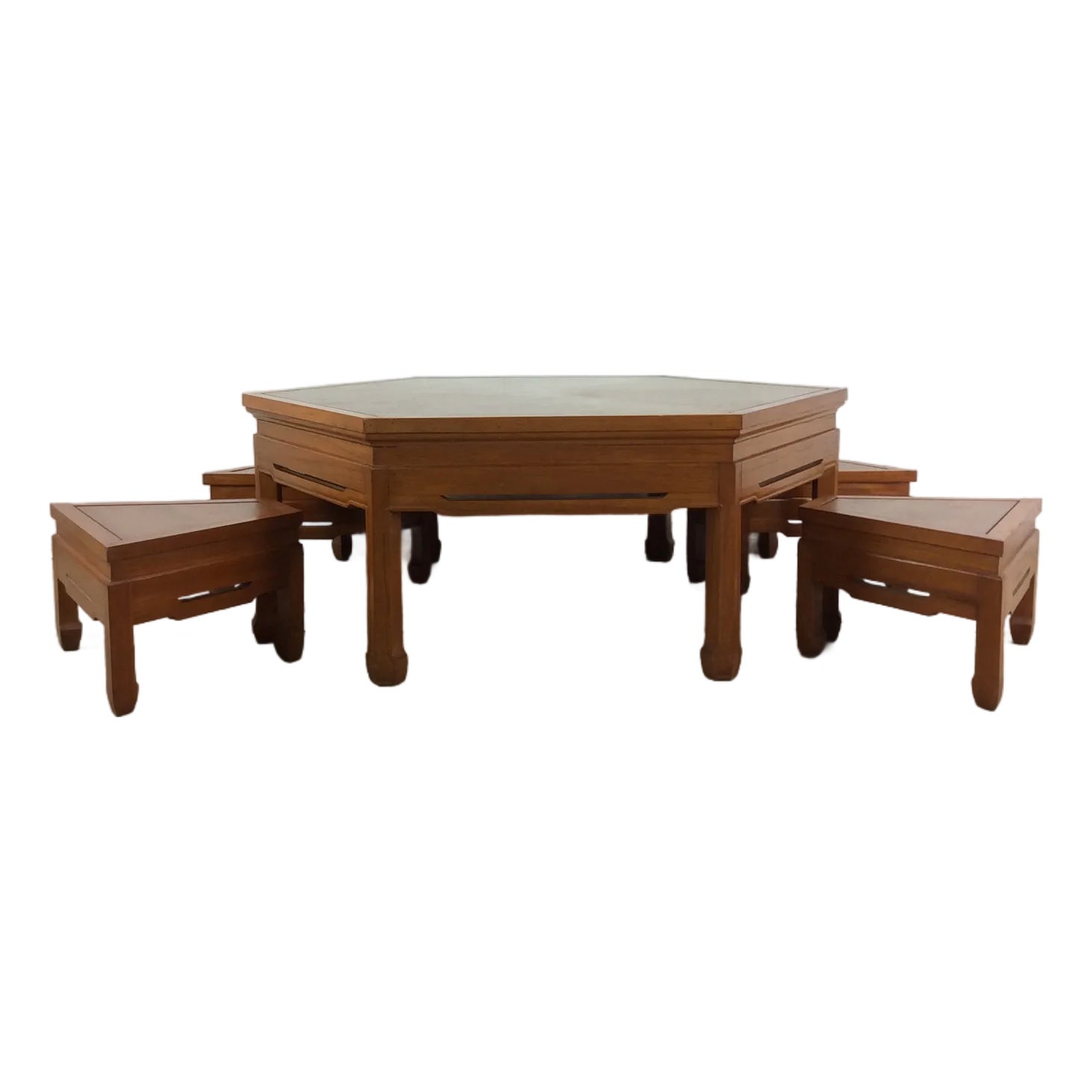 Mid Century Modern Solid Teak Tea Table With Four Stools | Chairish