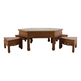 Mid Century Modern Solid Teak Tea Table With Four Stools For Sale